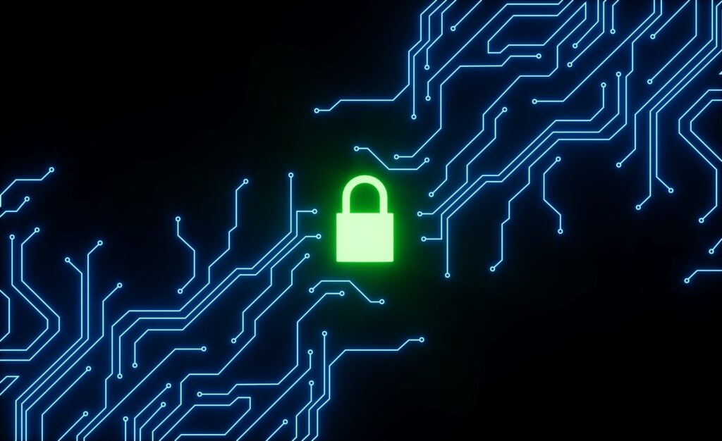 Cybersecurity concept with a padlock icon surrounded by blue circuitry.
